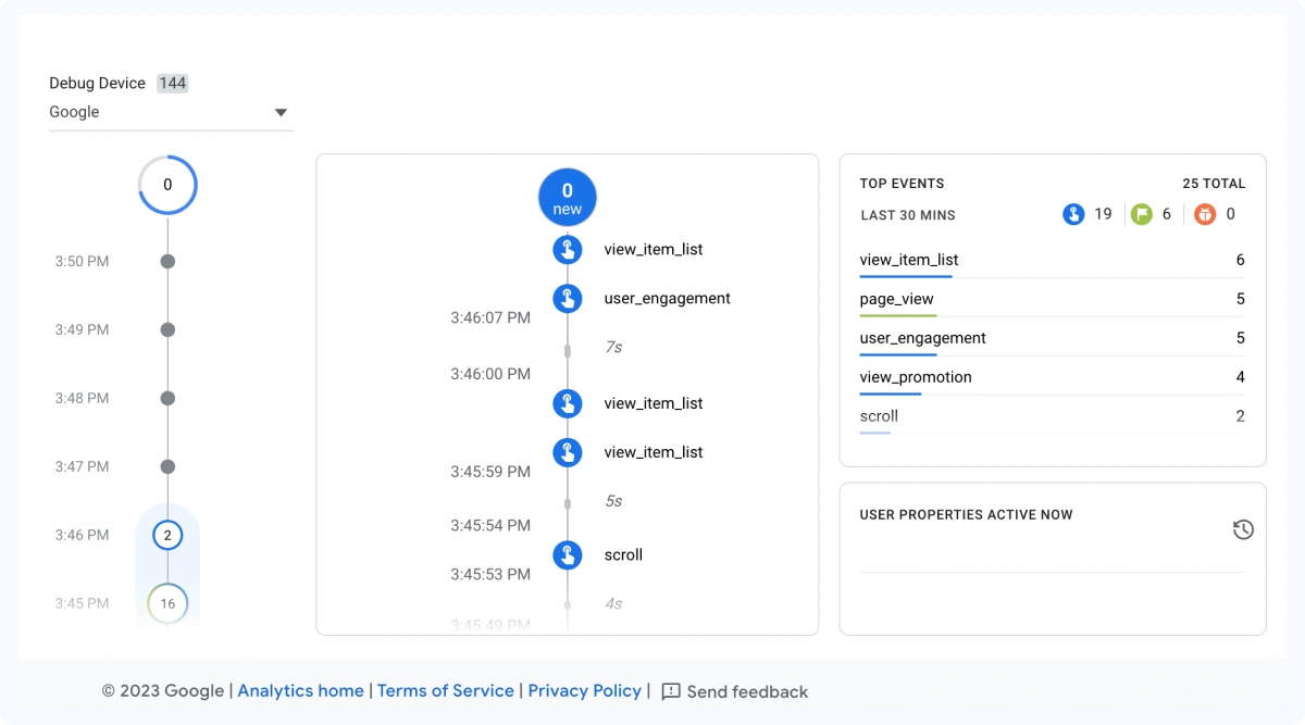 GA4 DebugView interface showing real-time event tracking with live user activity, event stream timeline, and parameter details.